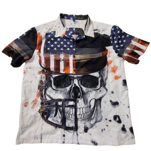 Day of The Dead Shirt Mens XL All Over Print Skull Flag Short Sleeve Button Up